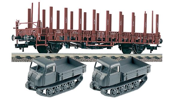 Flat car "Stuttgart" loaded with 2 military vehicles of German Wehrmacht<br /><a href='images/pictures/Fleischmann/525604.jpg' target='_blank'>Full size image</a>
